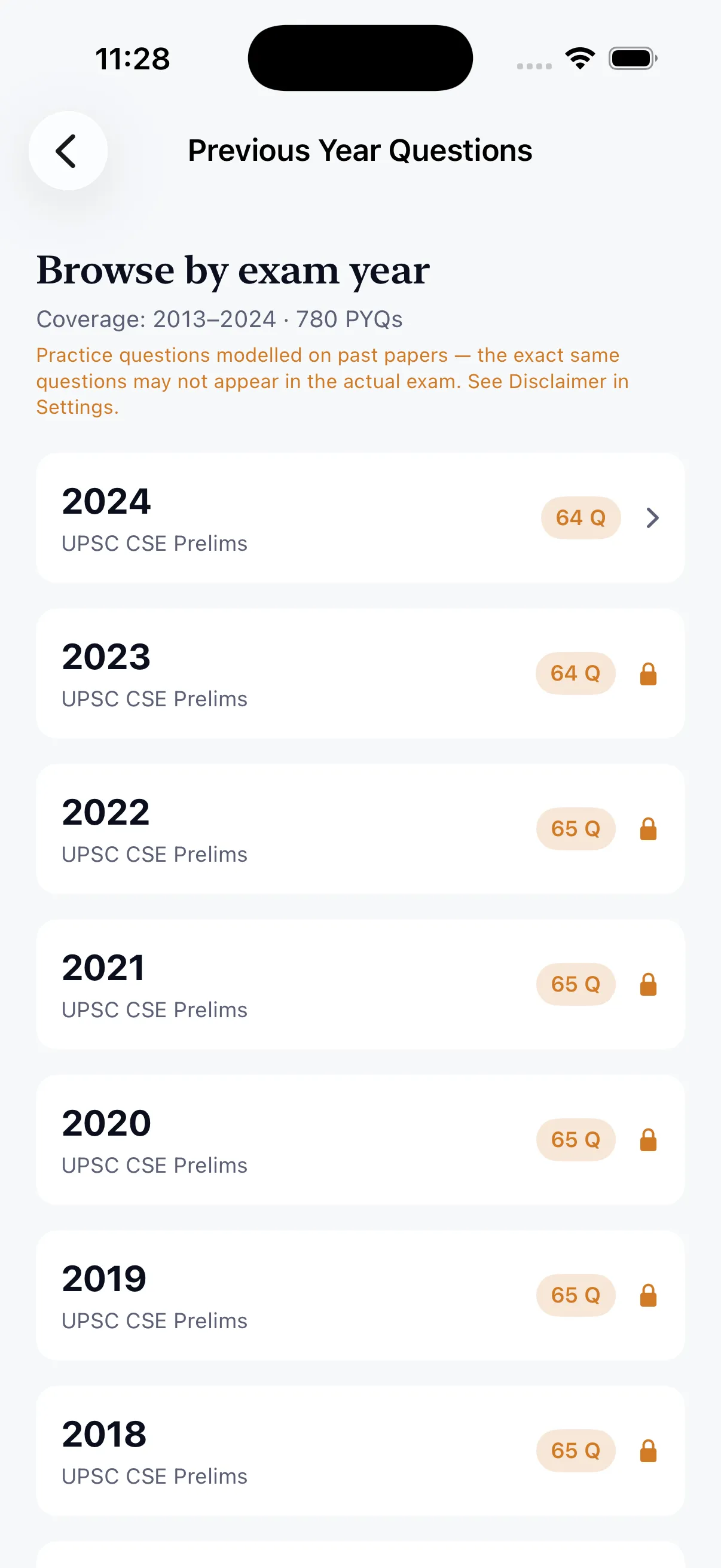 Browse previous year questions by exam year